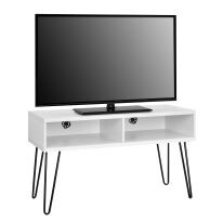 Lowboard Owen 2 offene Fächer, TV 42 inch, Stecknadelbeine aus Metall, Breite 106 cm in weiß