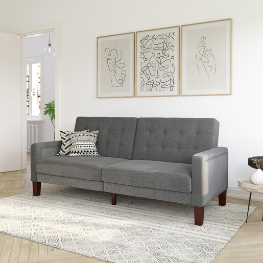 Schlafsofa Porter Futon, mit Knopfheftung, Breite 200 cm, Stoff Linen Look, in grau