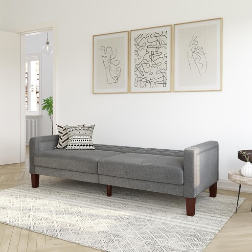 Schlafsofa Porter Futon, mit Knopfheftung, Breite 200 cm, Stoff Linen Look, in grau