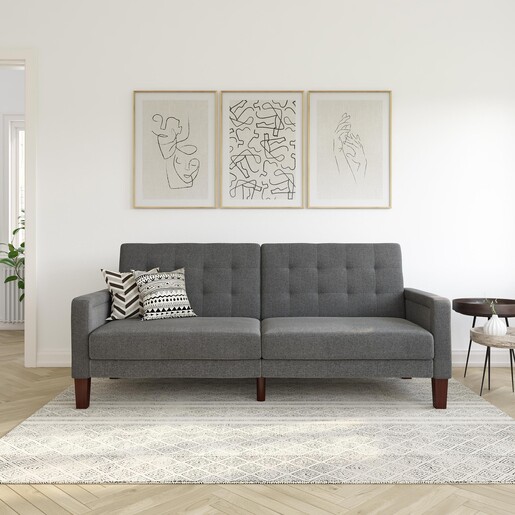 Schlafsofa Porter Futon, mit Knopfheftung, Breite 200 cm, Stoff Linen Look, in grau