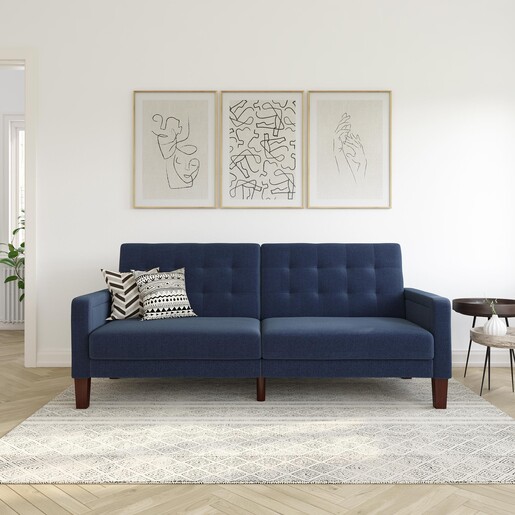 Schlafsofa Porter Futon, mit Knopfheftung, Breite 200 cm, Stoff Linen Look, in navy