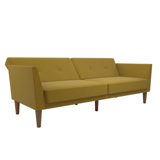 Schlafsofa Regal Bezug aus Leinenstoff, Holzbeine, Breite 204,5 cm in gelb