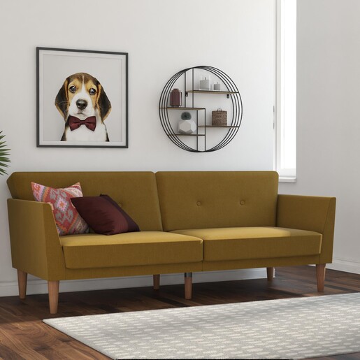 Schlafsofa Regal Bezug aus Leinenstoff, Holzbeine, Breite 204,5 cm in gelb