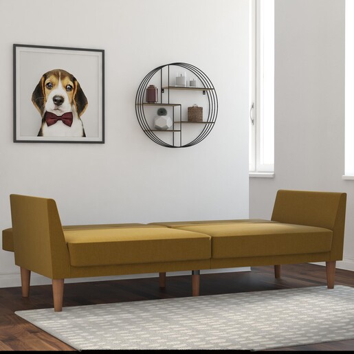 Schlafsofa Regal Bezug aus Leinenstoff, Holzbeine, Breite 204,5 cm in gelb