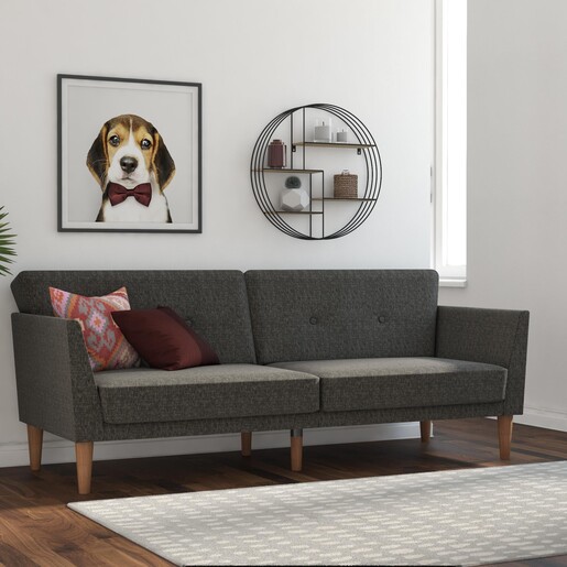 Schlafsofa Regal Bezug aus Leinenstoff, Holzbeine, Breite 204,5 cm in grau