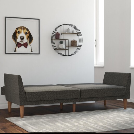 Schlafsofa Regal Bezug aus Leinenstoff, Holzbeine, Breite 204,5 cm in grau