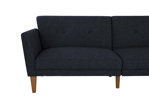 Schlafsofa Regal Bezug aus Leinenstoff, Holzbeine, Breite 204,5 cm in blau