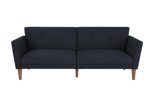 Schlafsofa Regal Bezug aus Leinenstoff, Holzbeine, Breite 204,5 cm in blau