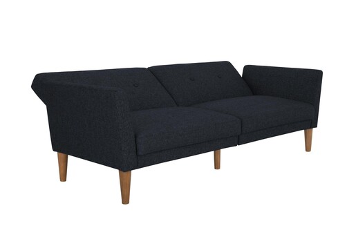 Schlafsofa Regal Bezug aus Leinenstoff, Holzbeine, Breite 204,5 cm in blau