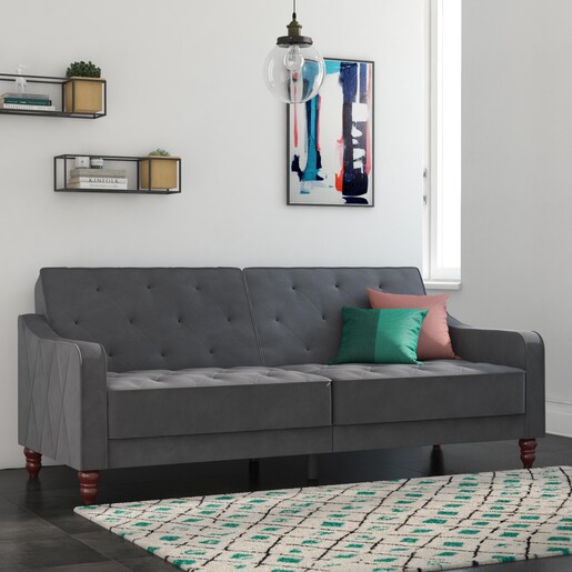 Schlafsofa Vintage Bezug in Samtoptik, Diamant-Steppung, Breite 207 cm in grau