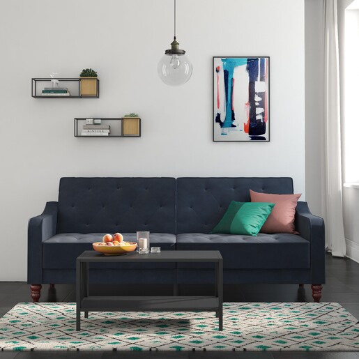 Schlafsofa Vintage Bezug in Samtoptik, Diamant-Steppung, Breite 207 cm in blau