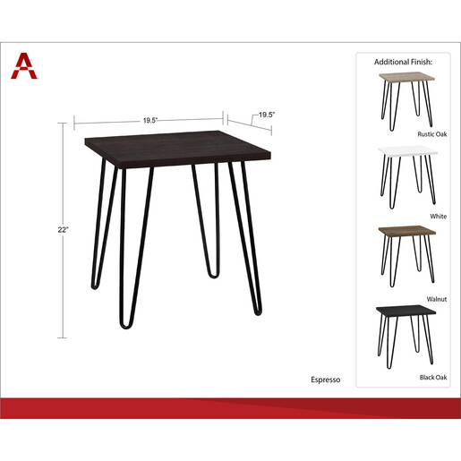 Beistelltisch Owen Wohnzimmertisch, Nachttisch, Metallbeine Hairpin, 49,5 cm breit in expresso