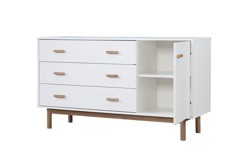 Sideboard Mason Schrank mit 3 Schubladen+1 Tür Scandi Design, Breite 144 cm in weiß & eichenfarben