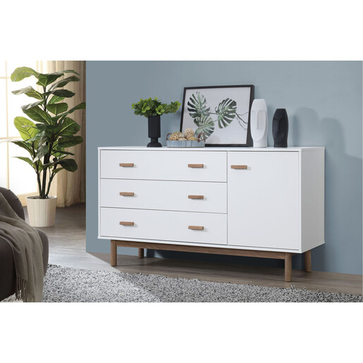 Sideboard Mason Schrank mit 3 Schubladen+1 Tür Scandi Design, Breite 144 cm in weiß & eichenfarben