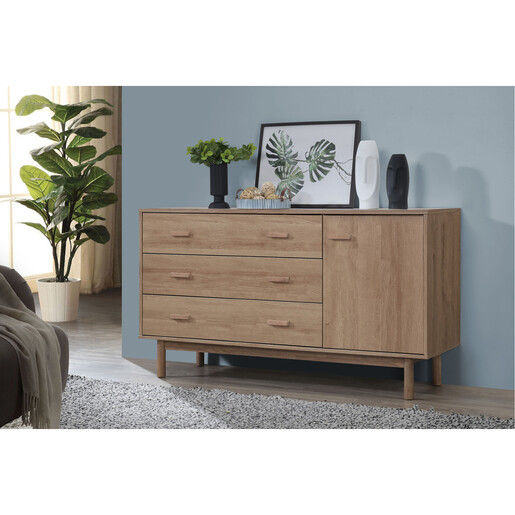 Sideboard Mason Schrank mit 3 Schubladen+1 Tür Scandi Design, Breite 144 cm in eichenfarben