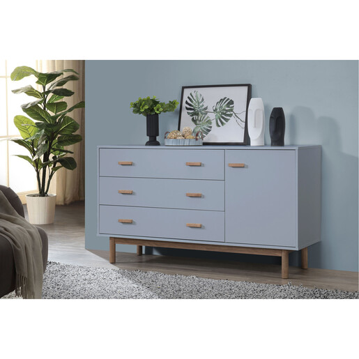 Sideboard Mason Schrank mit 3 Schubladen+1 Tür Scandi Design, Breite 144 cm in grau & eichenfarben