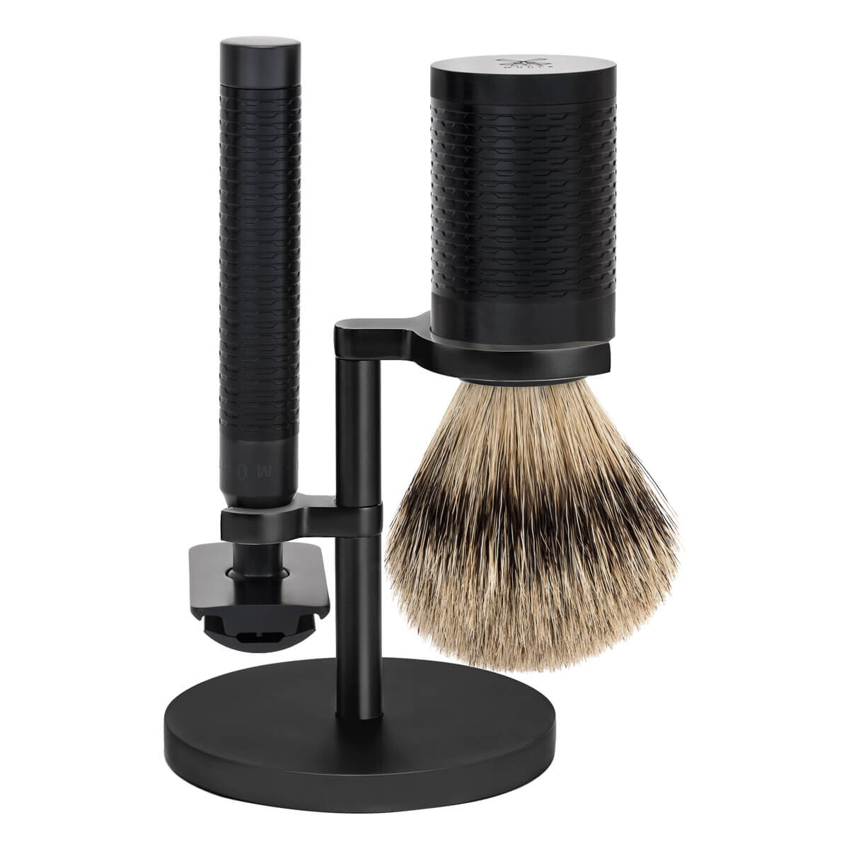 Mühle Barbersæt med DE-skraber, Barberkost og Holder, Rocca, Sort rustfrit stål