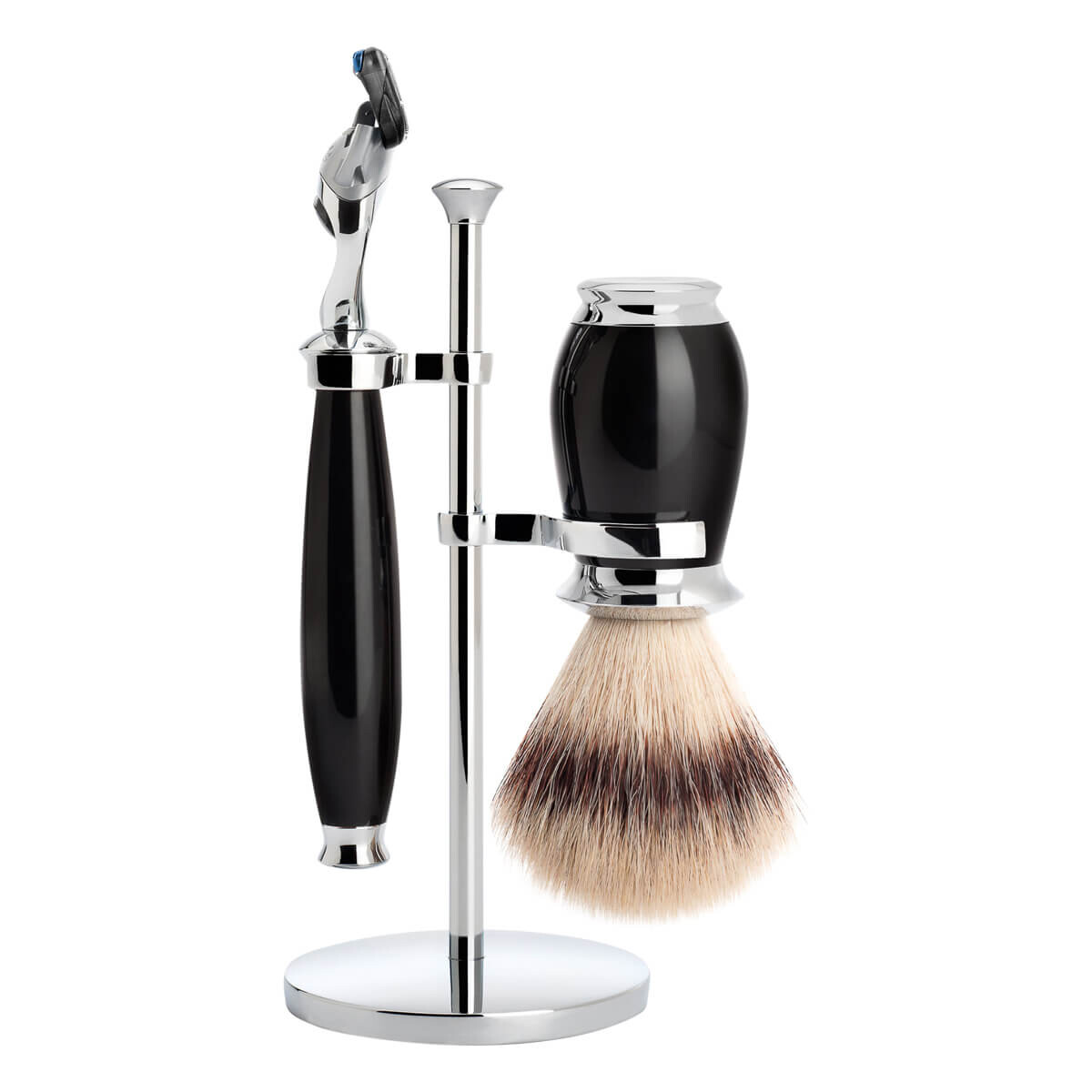 Mühle Barbersæt med Fusion Skraber, Silvertip Fibre ® Barberkost og Holder, Purist, Sort Kunstharpiks