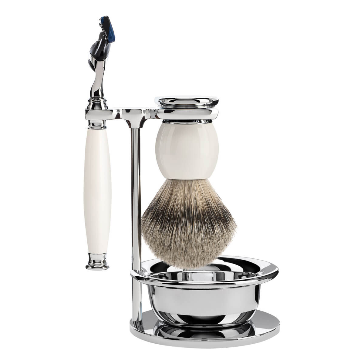 Mühle Barbersæt med Skraber, Silvertip Barberkost, Holder og Skål, Sophist, Porcelæn