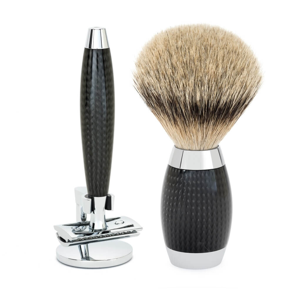 Mühle Edition No. 1, Barbersæt med DE-skraber, Silvertip Badger Barberkost og Holder til skraber, Carbon