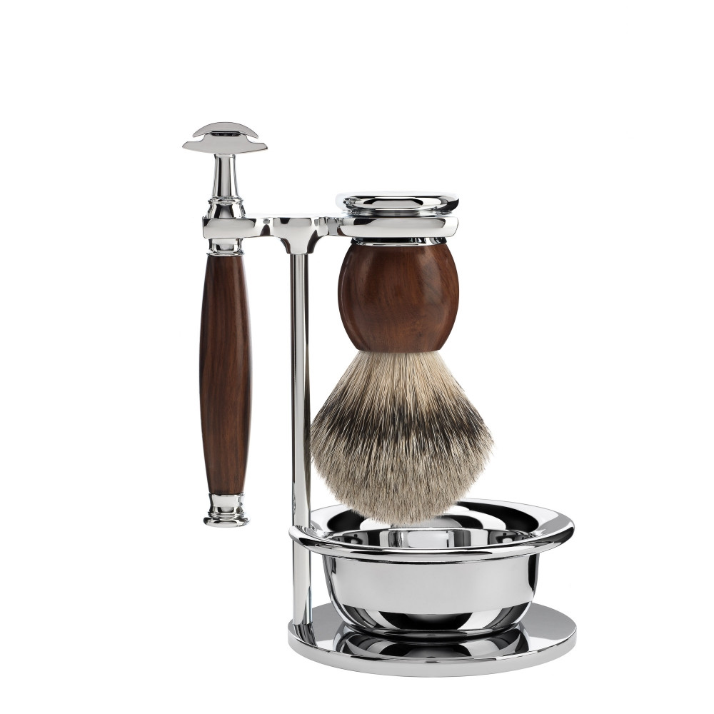 Mühle Barbersæt med DE-skraber, Barberkost, Holder og Skål, Sophist, Ironwood