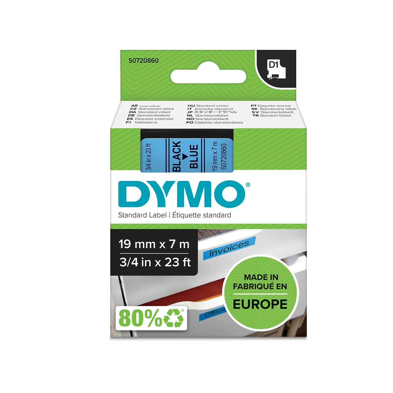 DYMO Labeltape D1 sort/blå 19mm