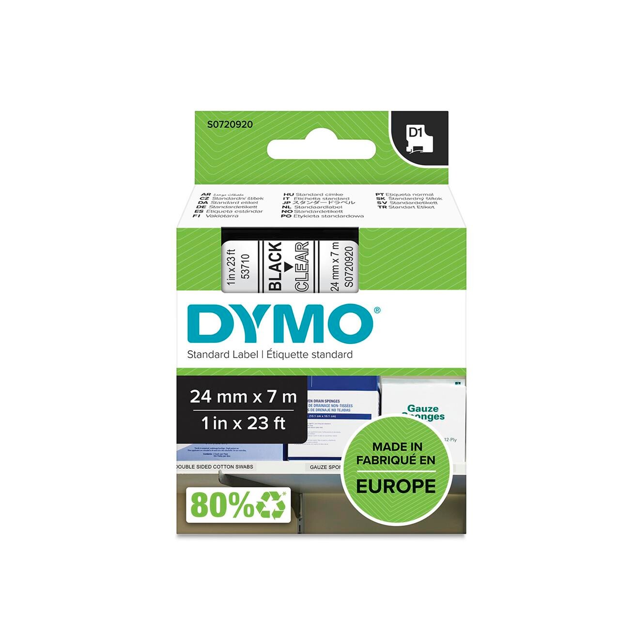 DYMO Labeltape D1 sort/klar 24mm