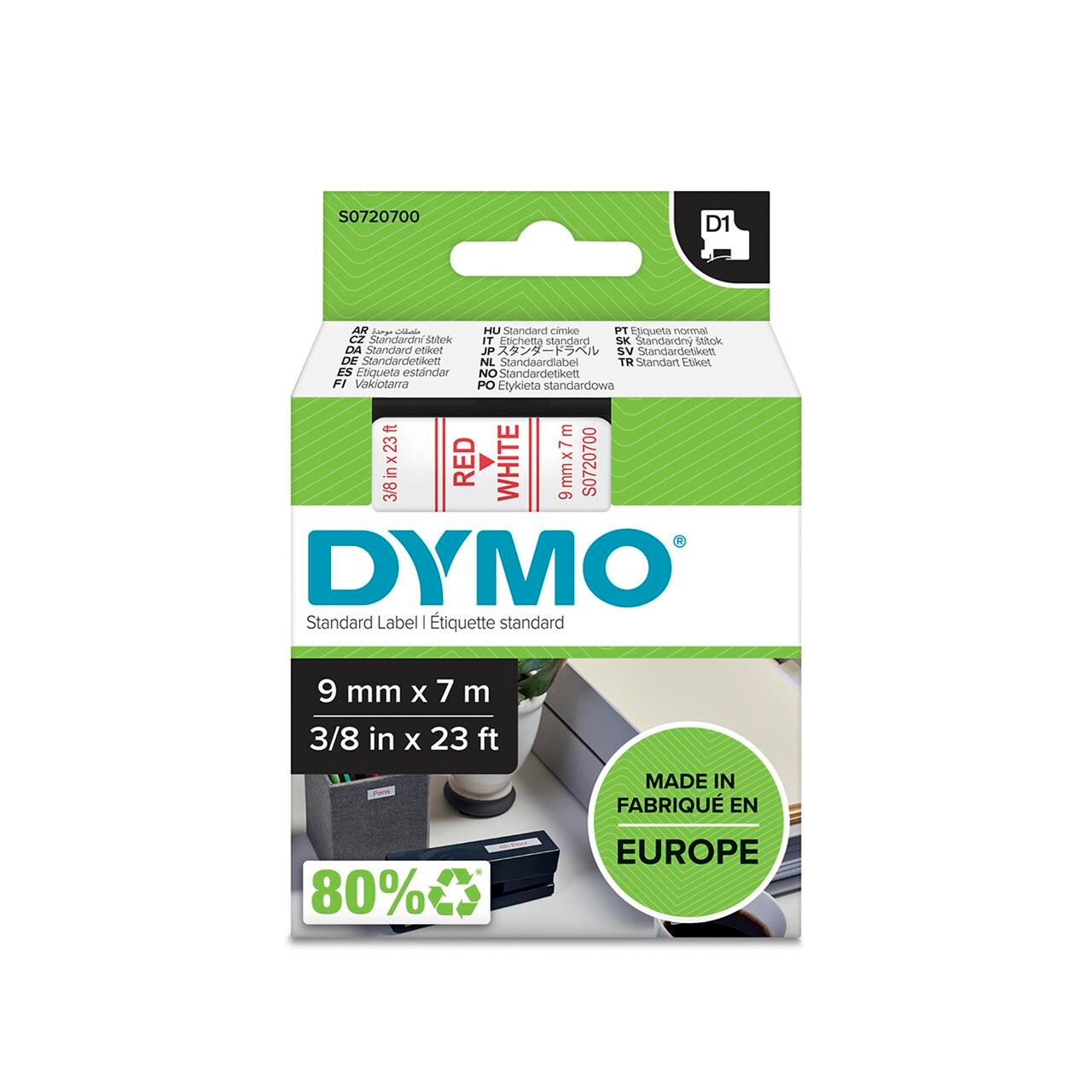 DYMO Labeltape D1 rød/hvid 9mm